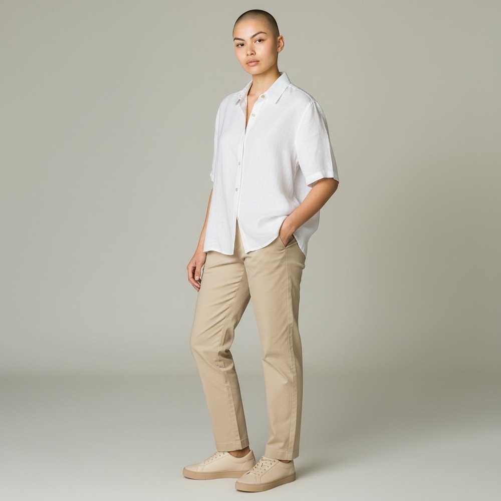 Nicole Miller Linen Button Down‎ Shirt Womens Large White Short Sleeve Top